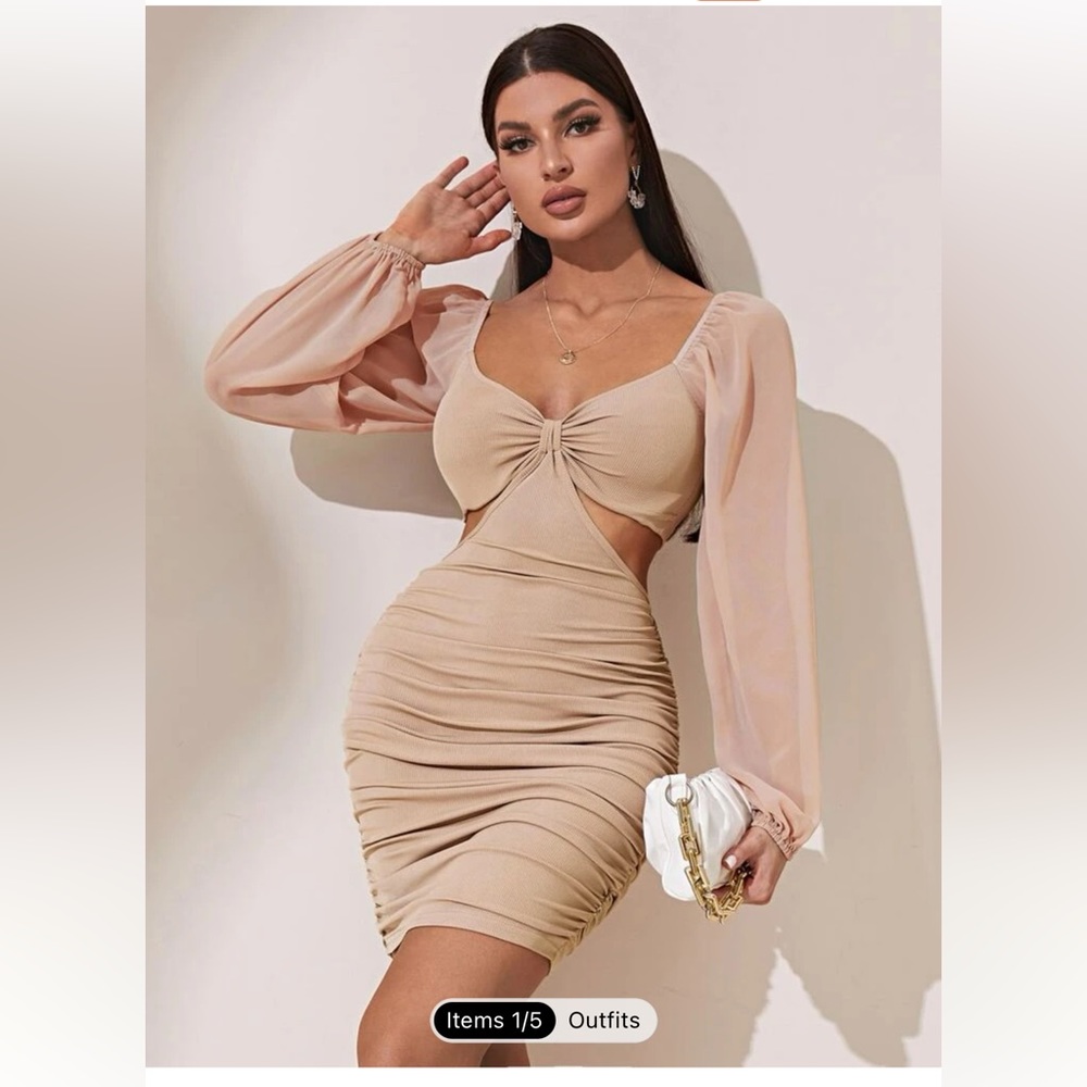 Ruched Cut Out Lantern Sleeve Sweetheart Neck Bodycon Dress